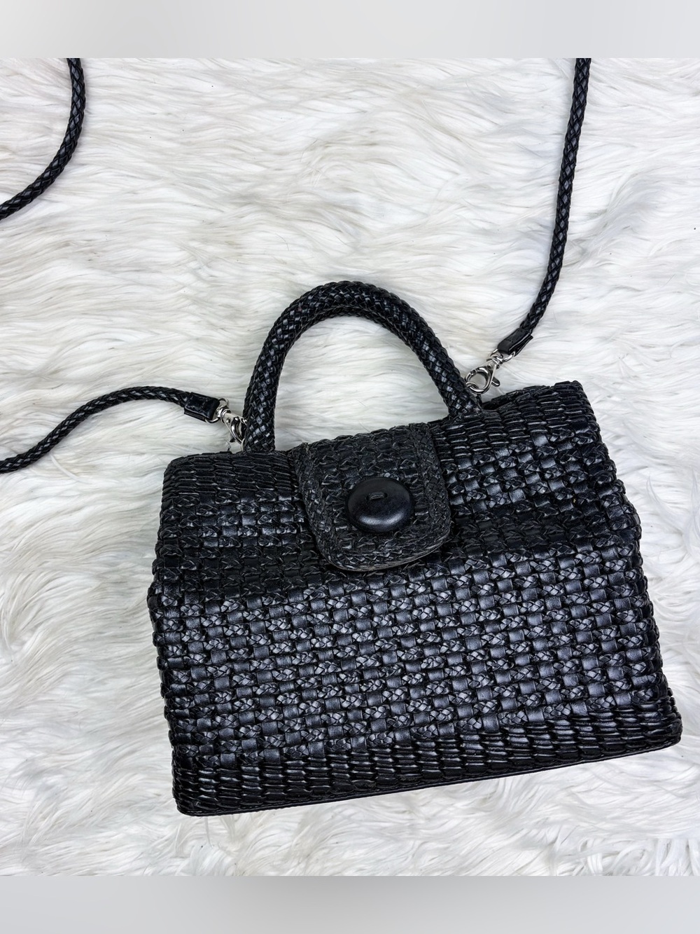 Vintage Woven Leather CEM Black Square Base Crossbody Satchel Bag Purse Brazil